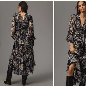 Printer Johnson for Anthropologie  Long-Sleeve V-Neck Textured Midi Dress
